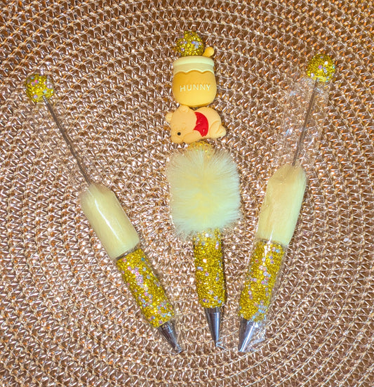 Handgestaltete Strasskugelschreiber mit Pompom gelb weiß