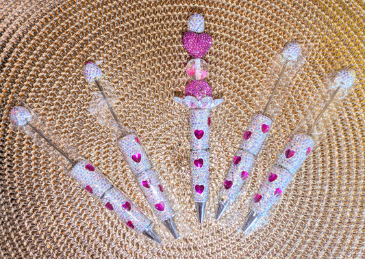 Handgestaltete Strasskugelschreiber mit Herzen silber pink