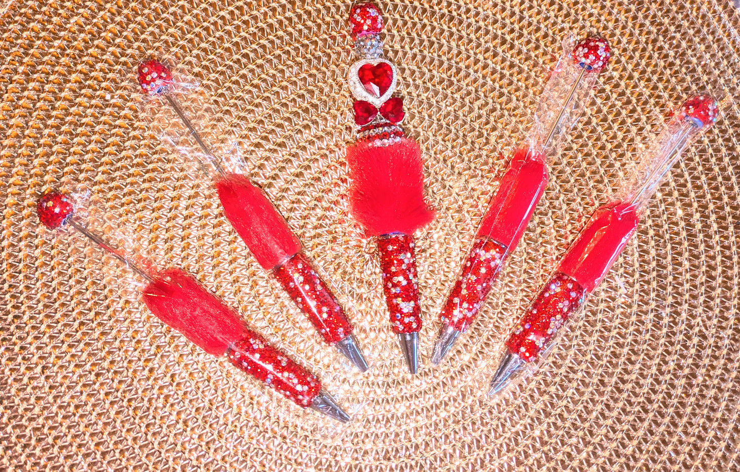 Handgestaltete Strasskugelschreiber mit Pompom rot silber