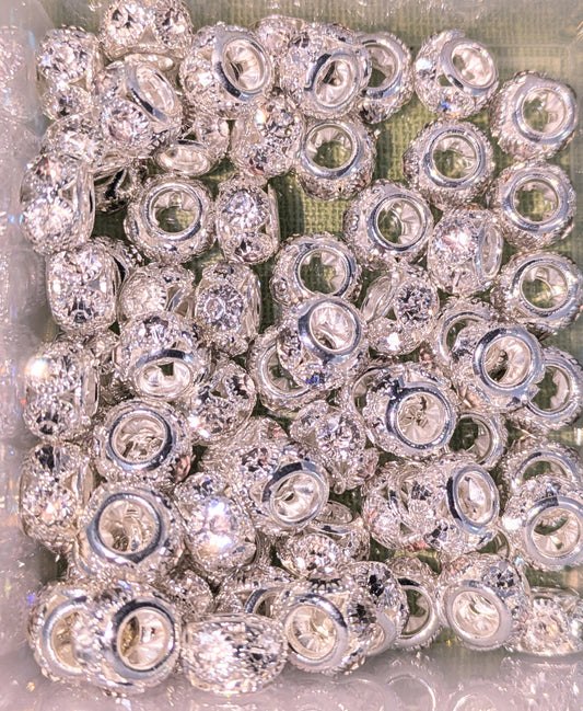 Hochwertige Metallperle Silber Flach mit großen Strassperlen