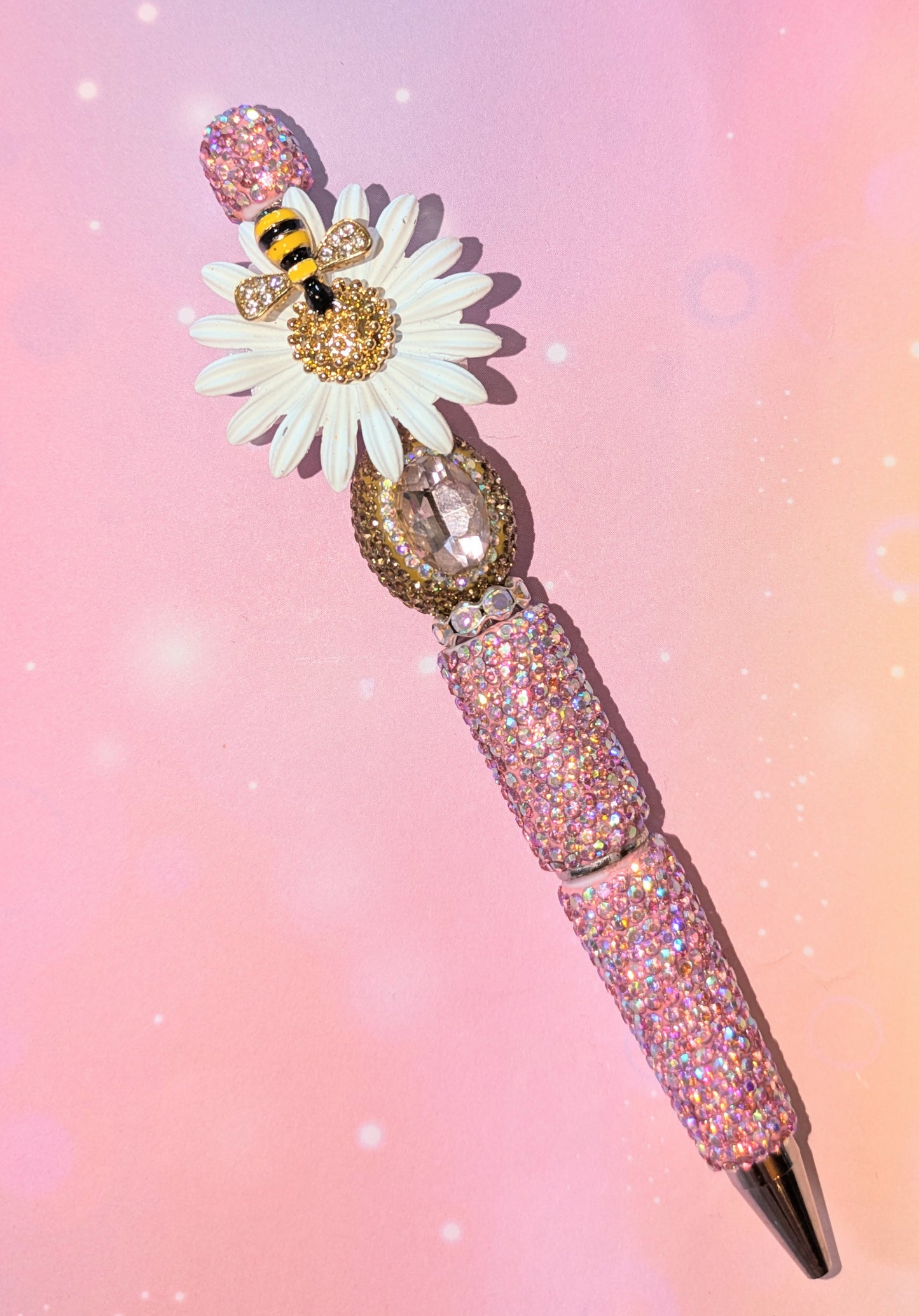 Blümchen und Bienchen Kugelschreiber Rosa weiß gold Strass viel Glitzer #3