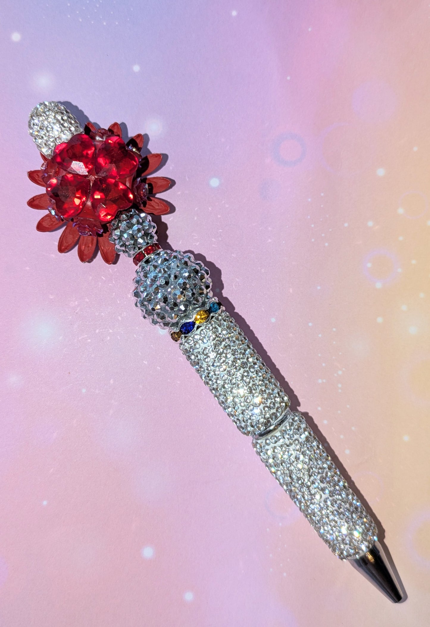 Blümchen und Bienchen Kugelschreiber Silber Rot Strass viel Glitzer #5