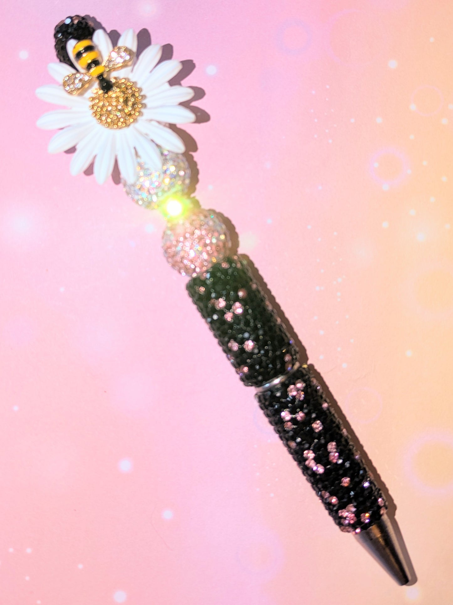 Blümchen und Bienchen Kugelschreiber schwarz weiß rosa Strass viel Glitzer #8