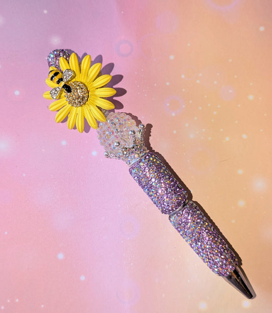Blümchen und Bienchen Kugelschreiber Flieder Gelb Strass viel Glitzer #14