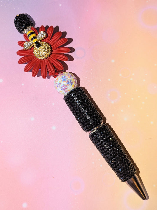 Blümchen und Bienchen Kugelschreiber Schwarz Rot Weiss Strass viel Glitzer #20