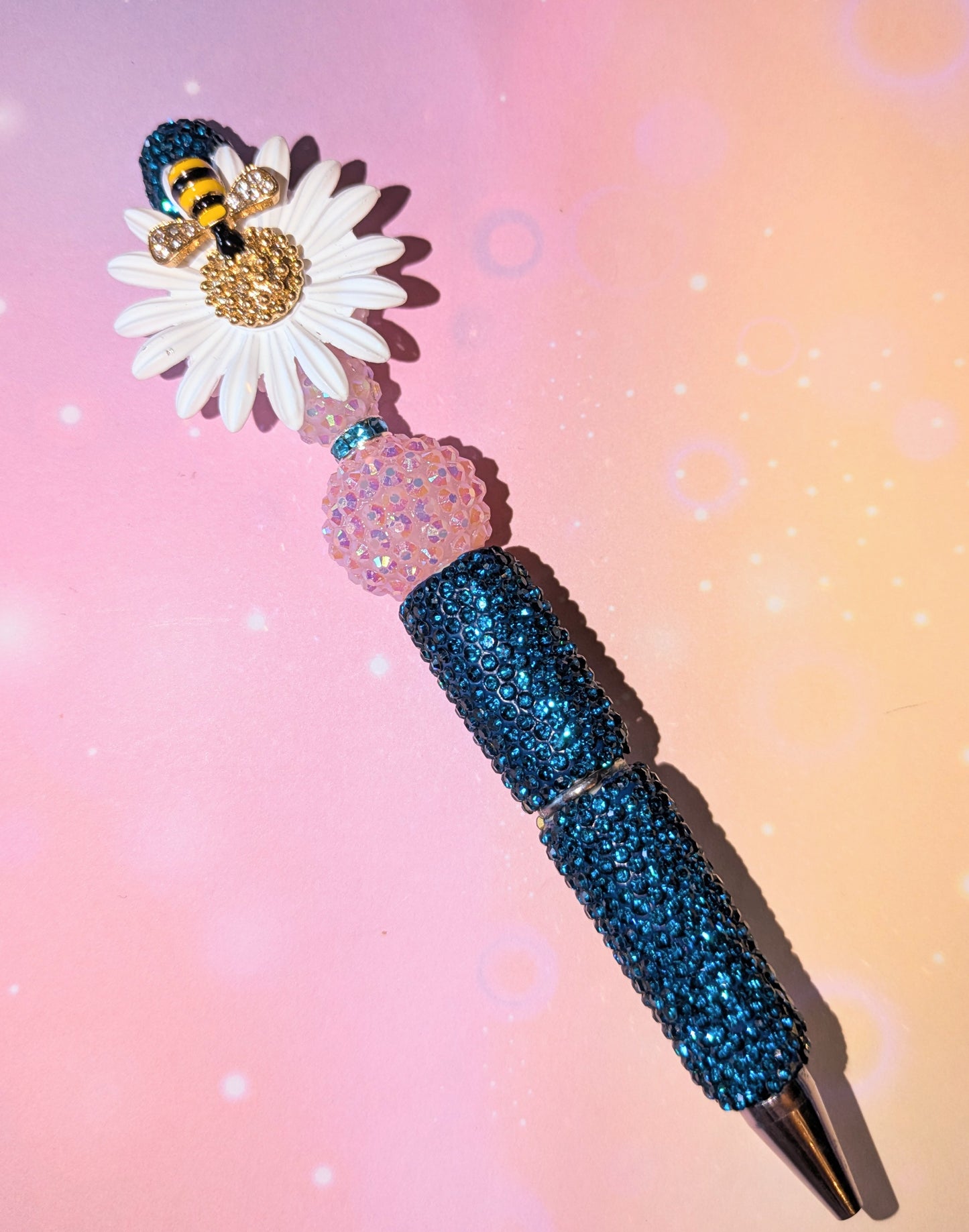 Blümchen und Bienchen Kugelschreiber Petrol Rosa Weiss Strass viel Glitzer #21