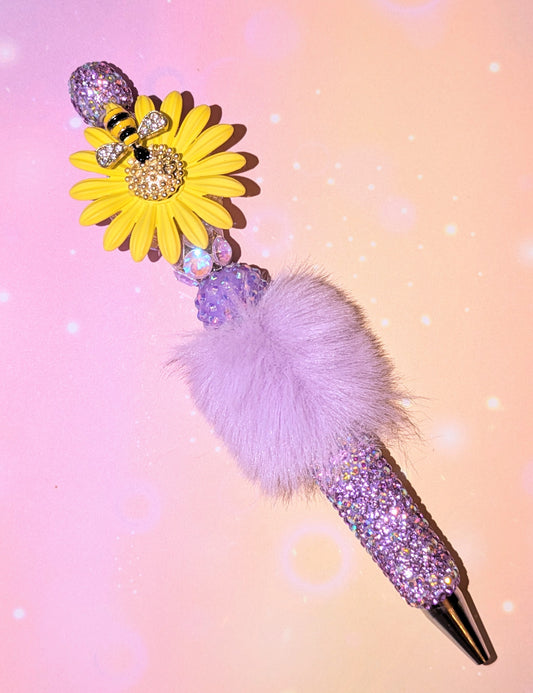 Blümchen und Bienchen Kugelschreiber Pompom Flieder Gelb Strass viel Glitzer #24