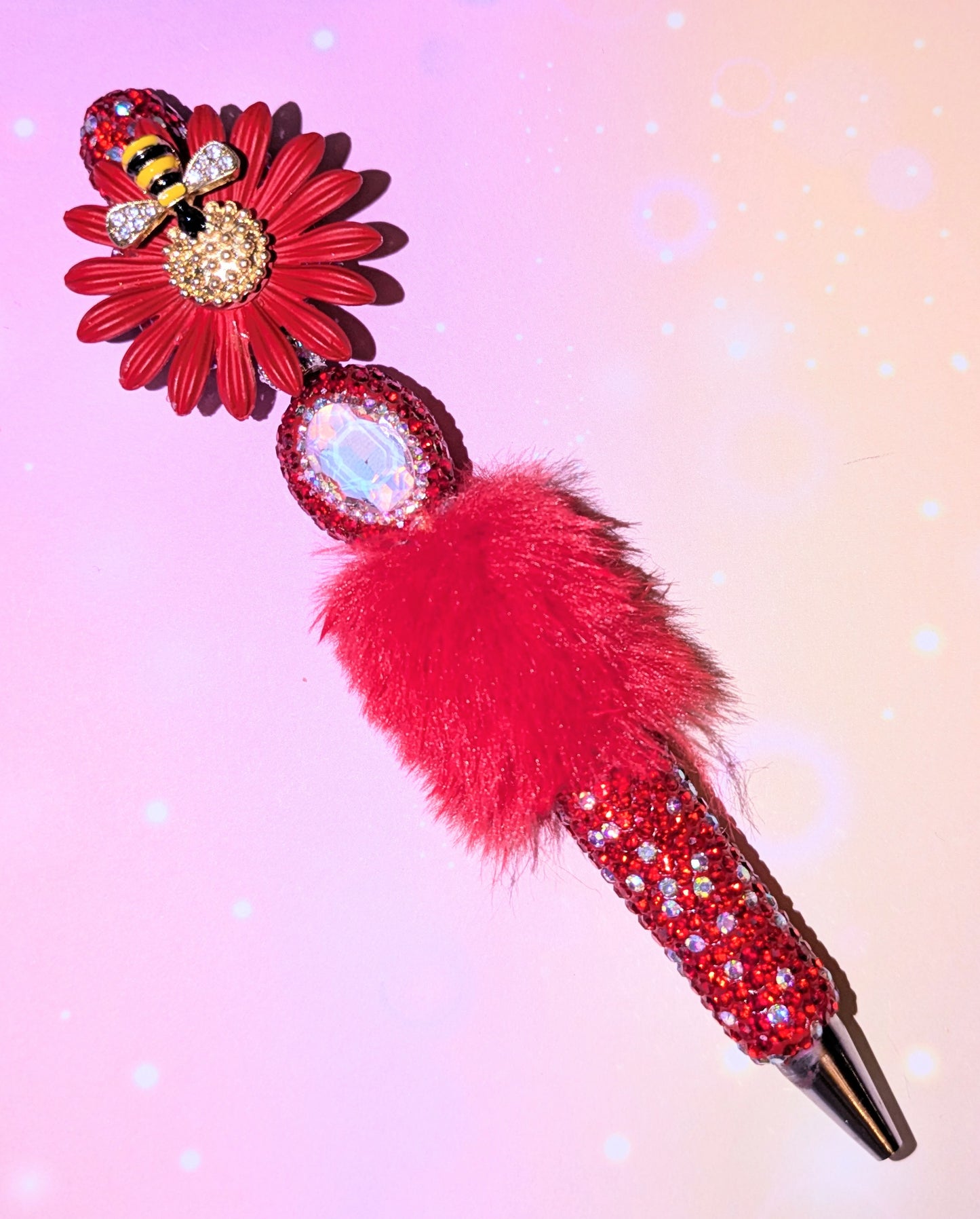 Blümchen und Bienchen Kugelschreiber Pompom Rot Strass viel Glitzer #25