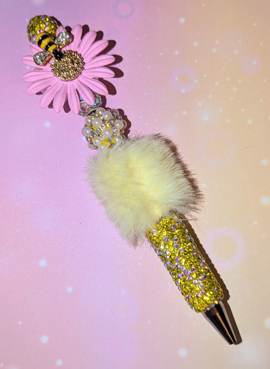 Blümchen und Bienchen Kugelschreiber Pompom Gelb Rosa Strass viel Glitzer #26