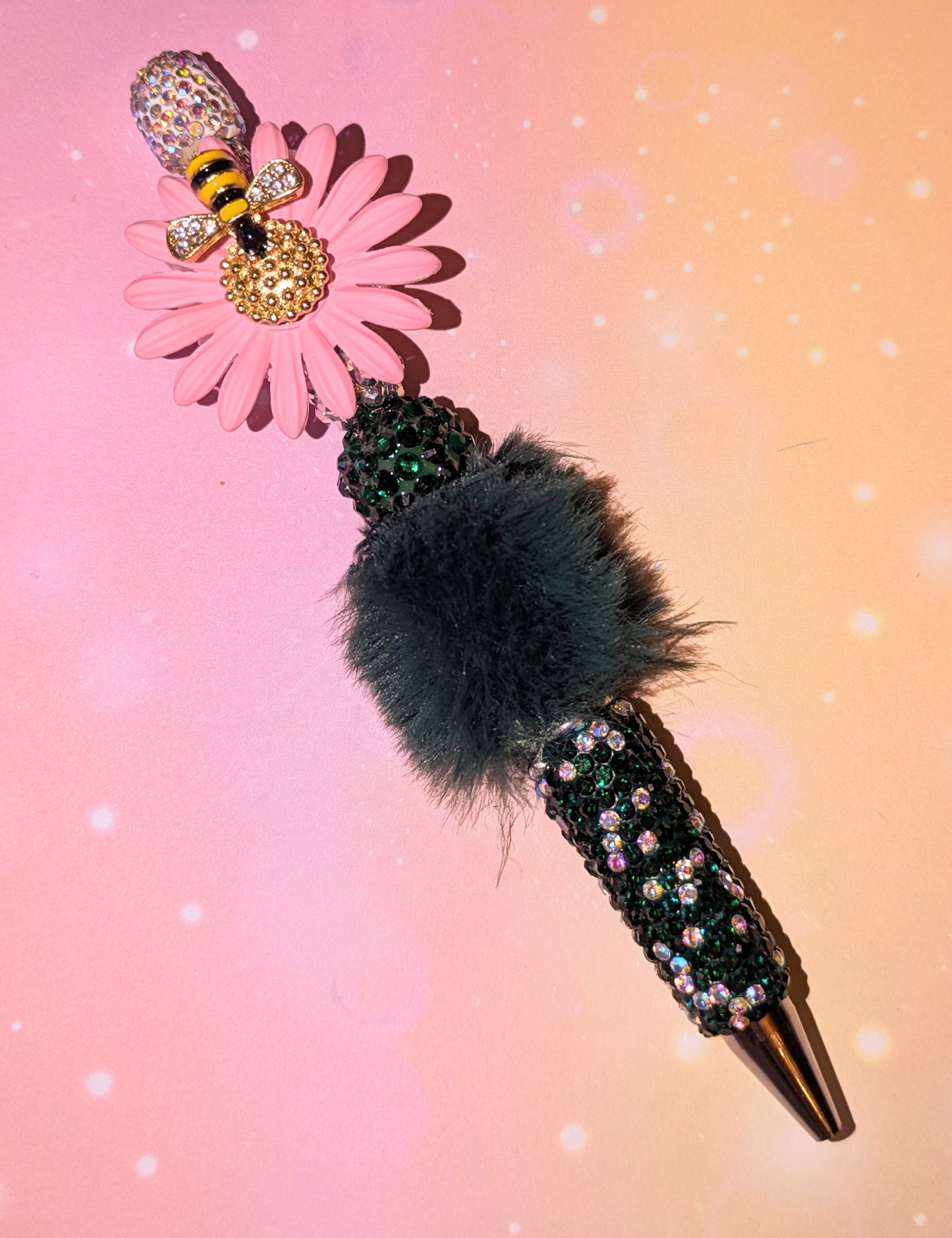 Blümchen und Bienchen Kugelschreiber Pompom Schwarz Rosa Strass viel Glitzer #27