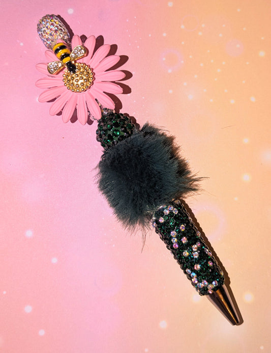 Blümchen und Bienchen Kugelschreiber Pompom Schwarz Rosa Strass viel Glitzer #27
