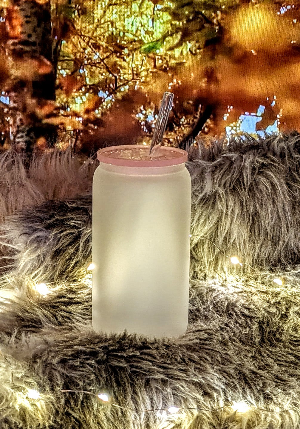 Glasbecher Eis-Optik mit rosa Deckel und Trinkröhrchen +  Sticker nach Wahl