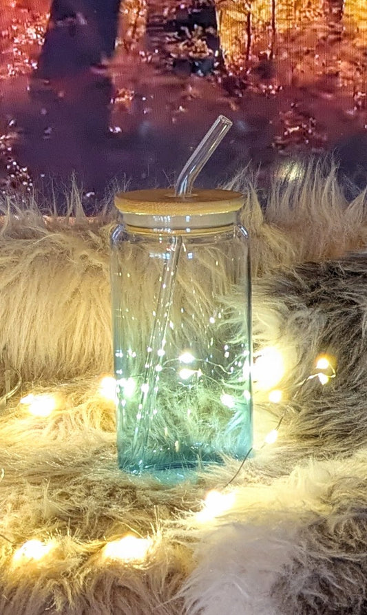 Glasbecher blauem Farbverlauf mit Bambusdeckel und Trinkröhrchen +  Sticker nach Wahl