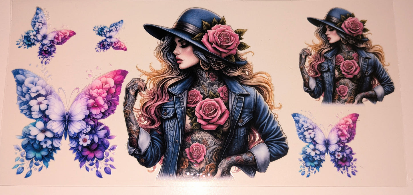 16 Oz Tattoogirl Rosen Hut Jeansjacke Schmetterlinge CS000101