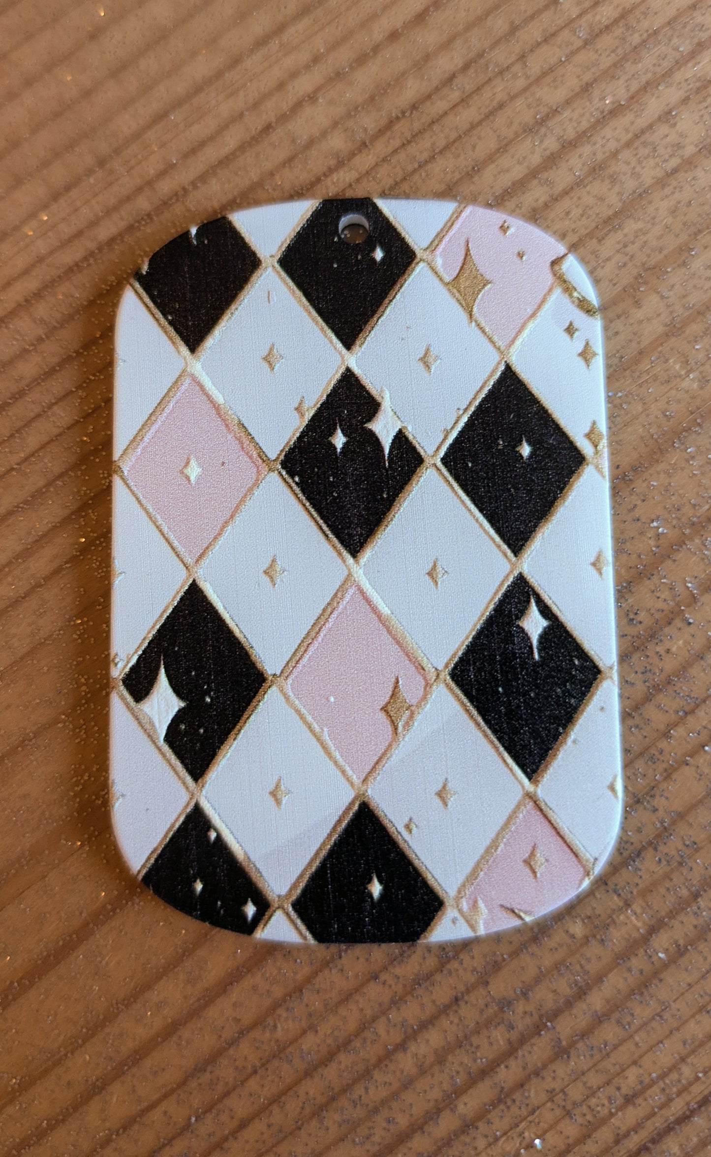 Acryl Anhänger für DIY Raute schwarz weiß rosa mit gold und weißen Sternen
