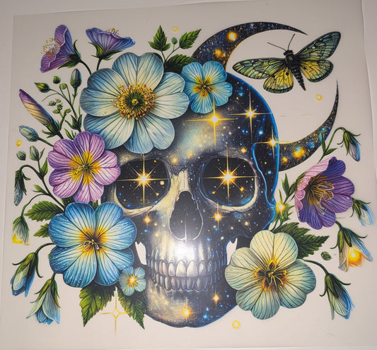 Bügelbild Gr. L Schädel Totenkopf Motte Mond Sterne Blumen