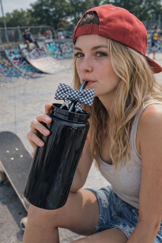 Silikon Trinkhalm Topper schwarz weiß Karriert