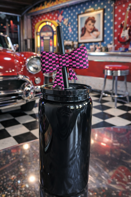 Silikon Trinkhalm Topper schwarz pink Karriert